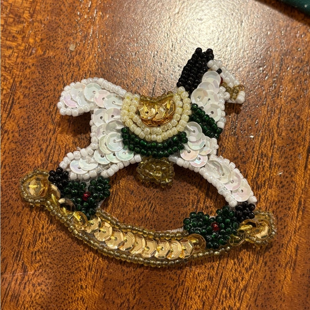 vintage beaded and sequined Christmas rocking horse brooch - Picture 1 of 5